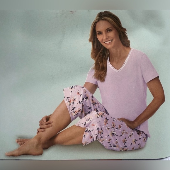 Midnight by Carole Hochman 4-Piece Cotton Pajama Purple Floral Stripe Sleepwear - Picture 4 of 7